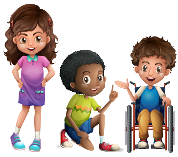 3 kids one standing; one kneeling; one in a wheelchair